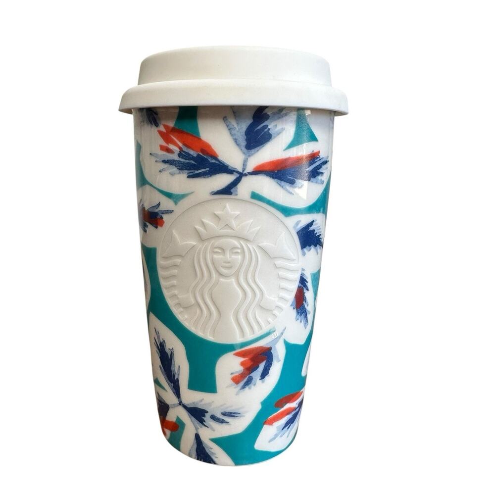 Starbucks 2016 Teal & Coral Floral Mermaid Siren Ceramic Tumbler White Lid 12 oz